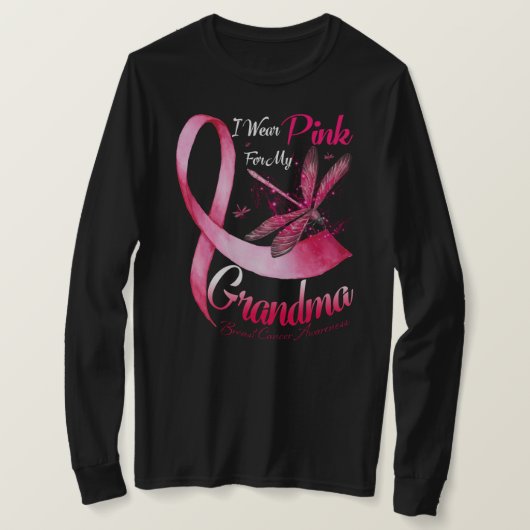 I Wear Pink For My Grandma Dragonfly Pink Ribbon B Tシャツ (デザイン正面)