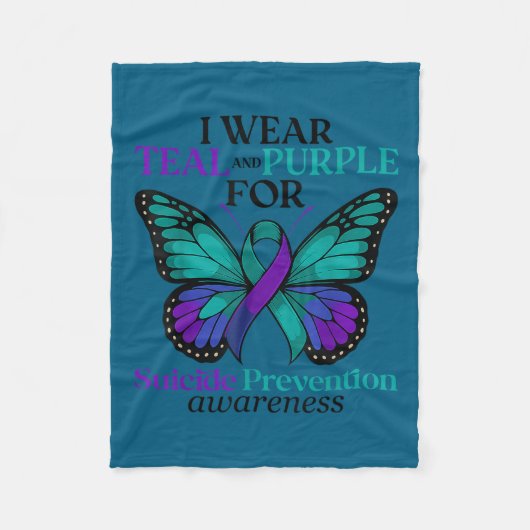 I Wear Teal &amp; Purple Butterfly Suicide Prevent フリースブランケット (正面)