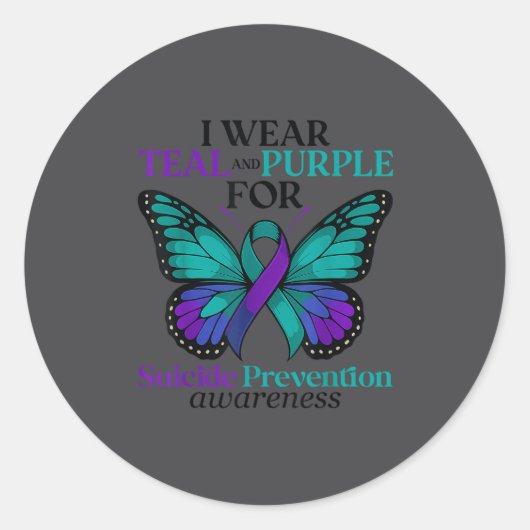 I Wear Teal &amp; Purple Butterfly Suicide Prevent ラウンドシール (正面)