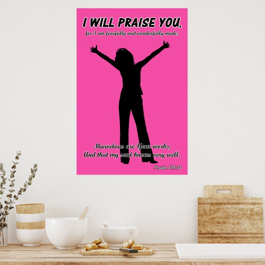 I Will Praise You - Psalm 139:14 Pink Silhouette ポスター (キッチン)