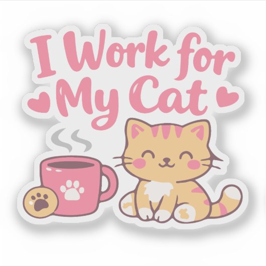 I Work for My Cat – Cute Kawaii Cat Design シール (正面)