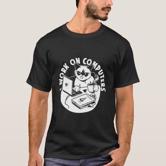 I Work On Computers Feline Coding Coder Cat Progra Tシャツ (正面)