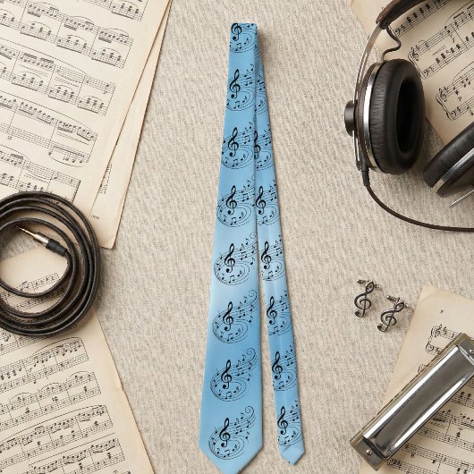 Ice Blue Treble Clef Music Notes - Musical Pattern ネクタイ