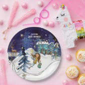 Ice Blue Winter Village Baby Shower | Swirl Frame ペーパープレート (パーティー)