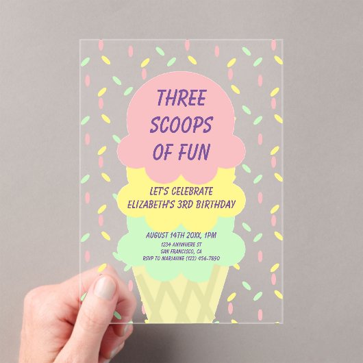 Ice Cream 3rd Birthday アクリル招待状 (インサイチュ (ポータブル))