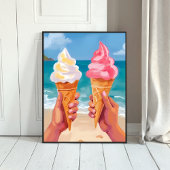 Ice Cream Beach Ocean Watercolor Painting ポスター
