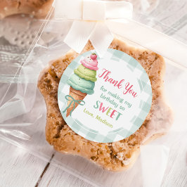 Ice Cream Blue Bow Gingham Birthday Party ラウンドシール