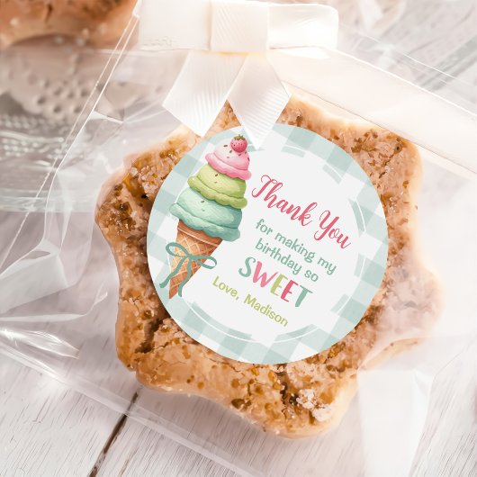 Ice Cream Blue Bow Gingham Birthday Party ラウンドシール