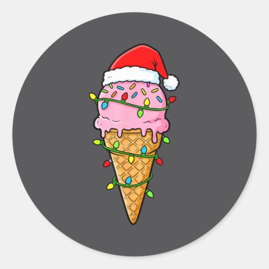 Ice Cream Cone Christmas Lights Santa Hat Food Xma ラウンドシール (正面)