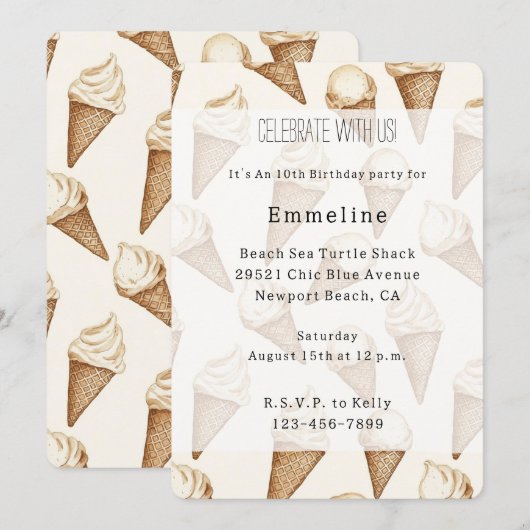 Ice Cream Cones Birthday 招待状 (正面/裏面)