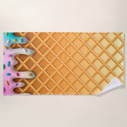 Ice Cream Drip Waffle Cone Pink With Sprinkles ビーチタオル (正面)