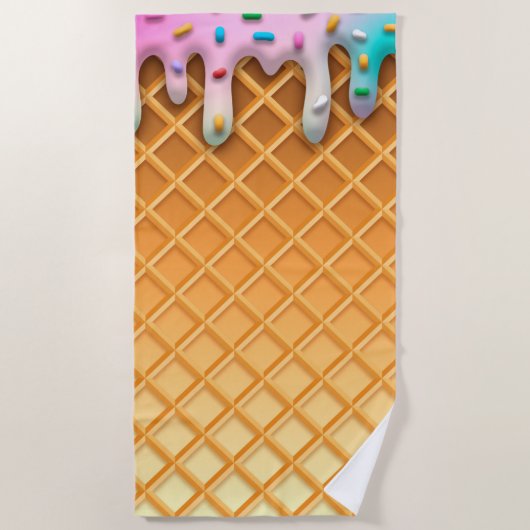 Ice Cream Drip Waffle Cone Pink With Sprinkles ビーチタオル (正面)