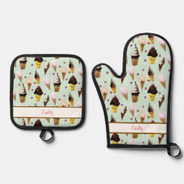 Ice Cream Parlor Retro Green Personalized Apron 鍋つかみ&鍋敷きセット