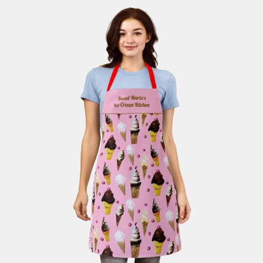Ice Cream Parlor Retro Pink Personalized Apron エプロン (着用した状態)