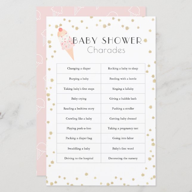Ice Cream Pink Baby Shower Charades (正面/裏面)