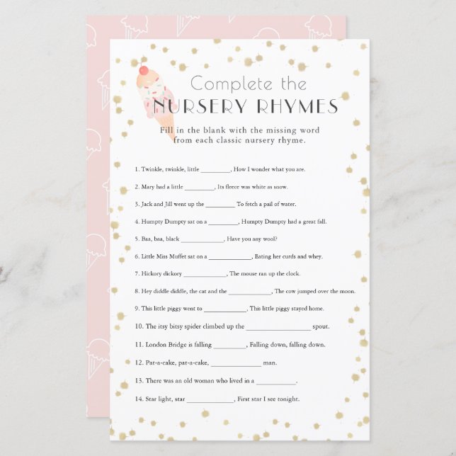 Ice Cream Pink Baby Shower Nursery Rhymes (正面/裏面)