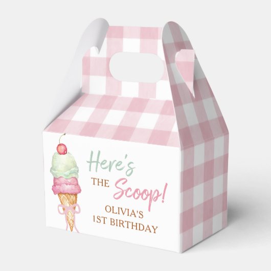 Ice Cream Pink Bow Gingham Birthday Party フェイバーボックス (正面サイド)
