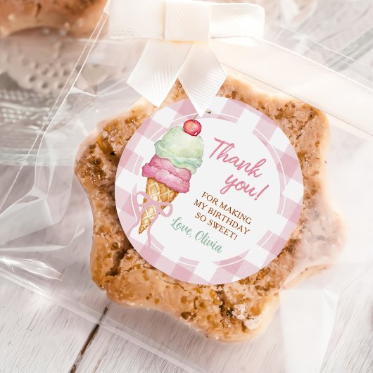 Ice Cream Pink Bow Gingham Birthday Party ラウンドシール