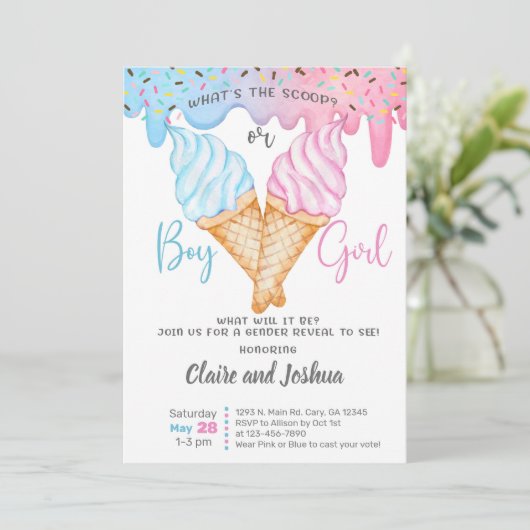 Ice Cream Scoops Gender Reveal invitation. 招待状 (スタンド正面)