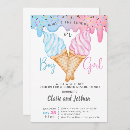 Ice Cream Scoops Gender Reveal invitation. 招待状 (正面/裏面)