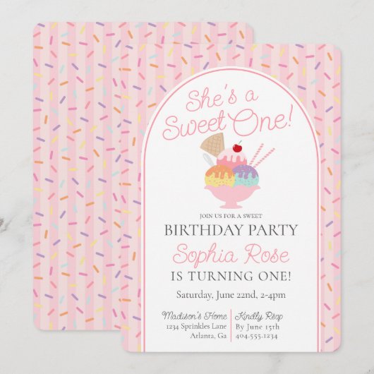 Ice Cream Sundae Sweet One First Birthday Party 招待状 (正面/裏面)