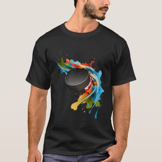 Ice Hockey Player Puck Abstract Splash Painting Tシャツ (正面)