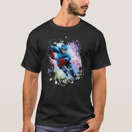 Ice Hockey Player Sport Modern Splash Splatter Tシャツ (正面)