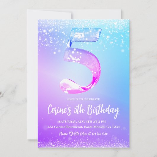 Ice number white glitter Girl 5th Birthday 招待状 (正面)