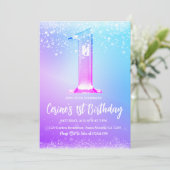 Ice number white glitter Girl First Birthday 招待状 (スタンド正面)