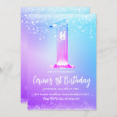 Ice number white glitter Girl First Birthday 招待状 (正面/裏面)