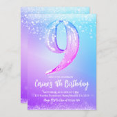 Ice number white glitter Girl Nine Birthday 招待状 (正面/裏面)