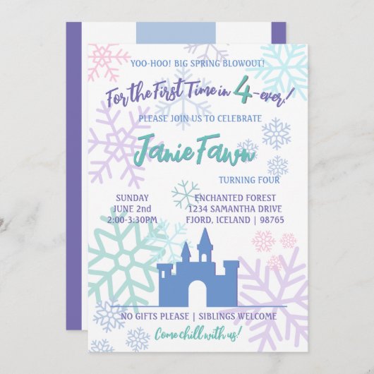 Ice Princess 4th Birthday Invitation | Template 招待状 (正面/裏面)