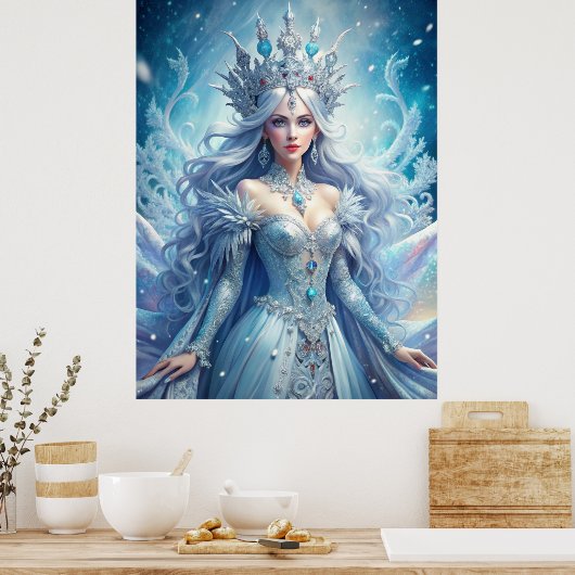 Ice Queen Fantasy – Winter Goddess Portrait Art ポスター (キッチン)