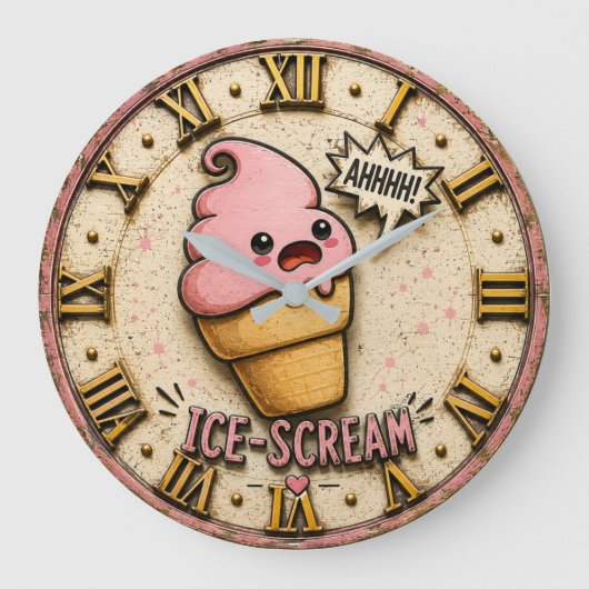 Ice Scream Funny Ice Cream Cute Kawaii Kitchen ラージ壁時計 (正面)