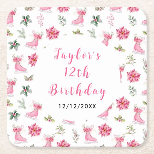 Ice Skating Birthday Party Pink スクエアペーパーコースター (正面)