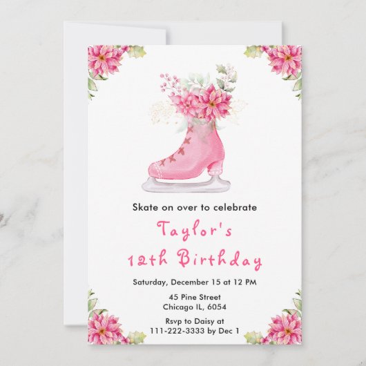 Ice Skating Birthday Party Pink 招待状 (正面)