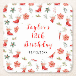 Ice Skating Birthday Party Red スクエアペーパーコースター