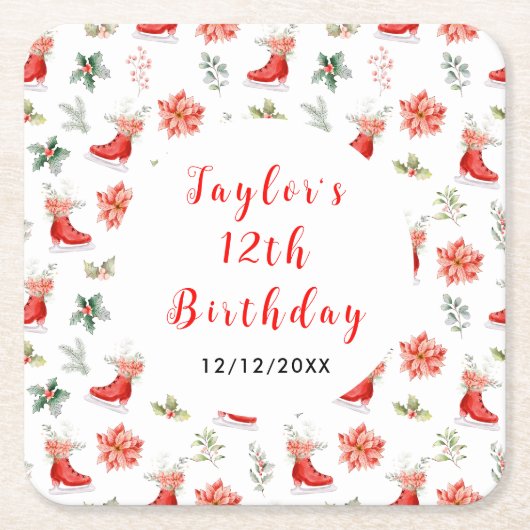 Ice Skating Birthday Party Red スクエアペーパーコースター (正面)