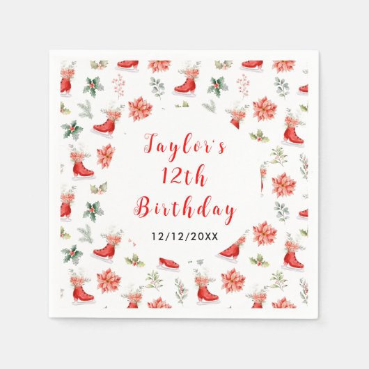 Ice Skating Birthday Party Red スタンダードカクテルナプキン (正面)