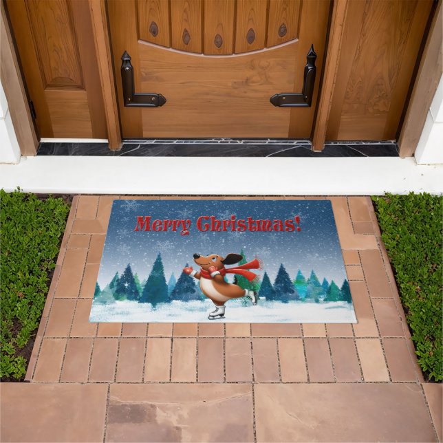 Ice Skating Dachshund Christmas Doormat ドアマット (室外)