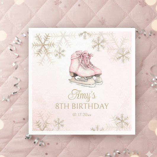 Ice Skating Girl Birthday Pink Bow Gold Snowflakes スタンダードカクテルナプキン