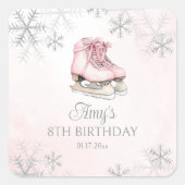 Ice Skating Pink Silver Glitter Snowflake Birthday スクエアシール (正面)