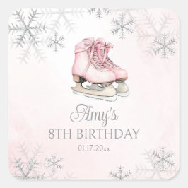 Ice Skating Pink Silver Glitter Snowflake Birthday スクエアシール