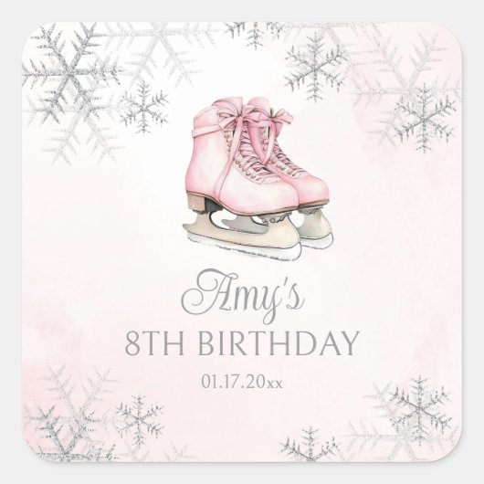 Ice Skating Pink Silver Glitter Snowflake Birthday スクエアシール (正面)