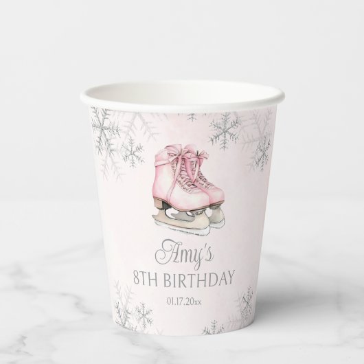 Ice Skating Pink Silver Glitter Snowflake Birthday 紙コップ (裏面)