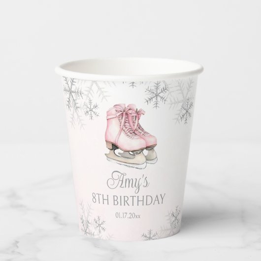 Ice Skating Pink Silver Glitter Snowflake Birthday 紙コップ (正面)