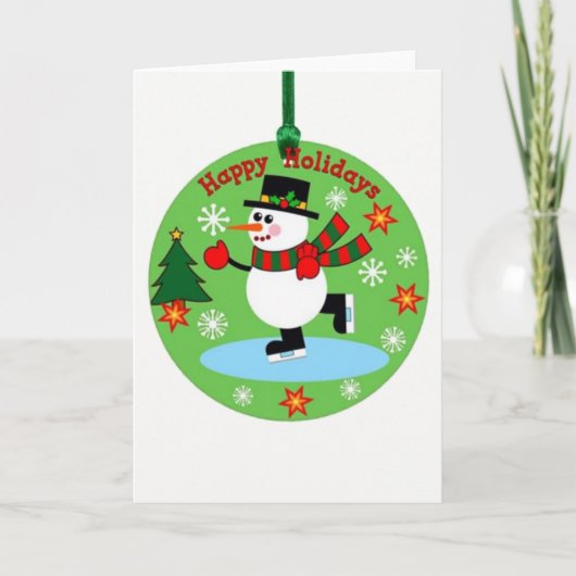 Ice Skating Snowman Ornament Happy Holidays カード (正面)