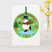 Ice Skating Snowman Ornament Happy Holidays カード (黄色い花)