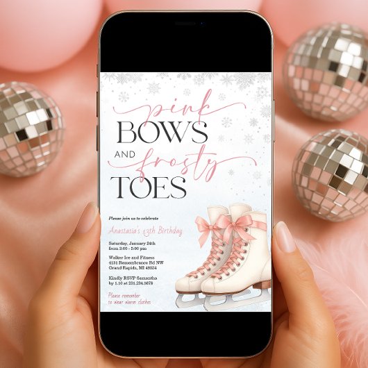 Ice Skating Teen Birthday Invitation - Pink Bow 招待状