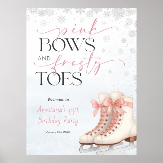 Ice Skating Teen Birthday Welcome Sign - Pink Bow ポスター (正面)